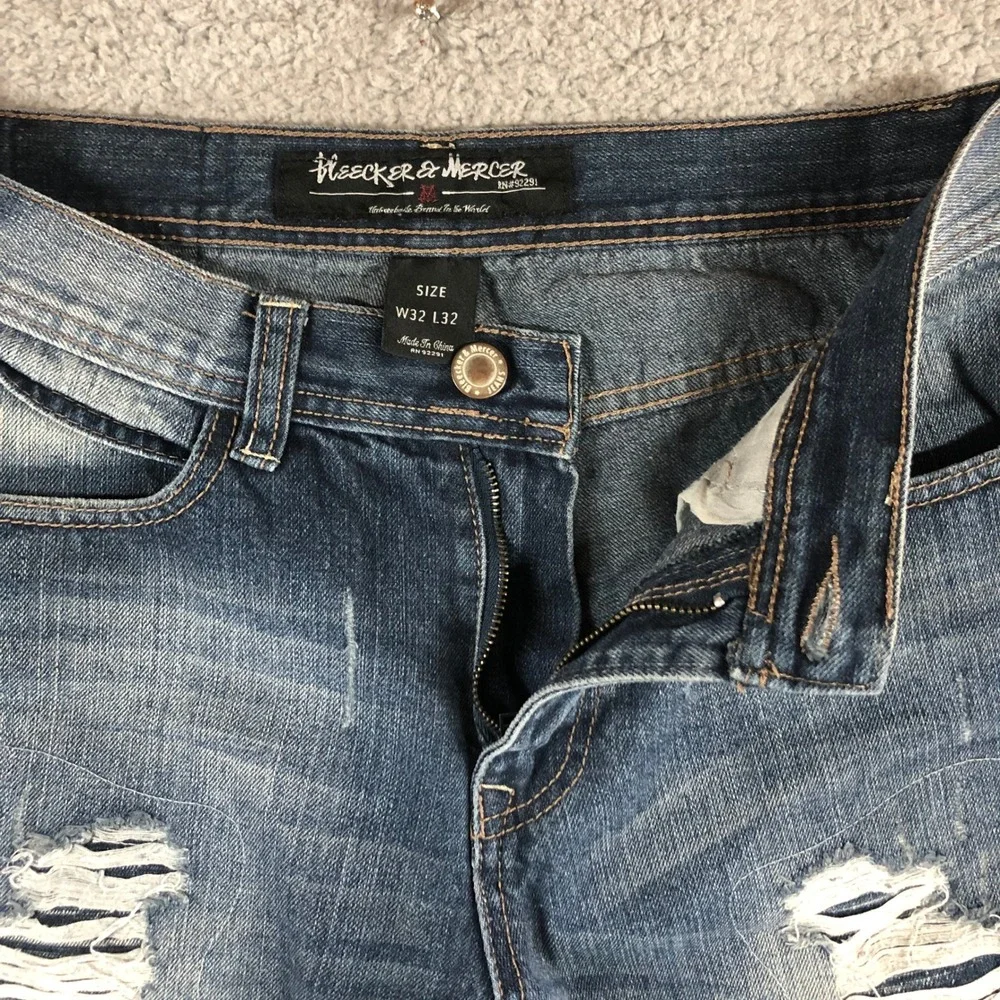 Bleecker & Mercer Mens Distressed Straight Leg Jeans Blue Ripped W32 L32